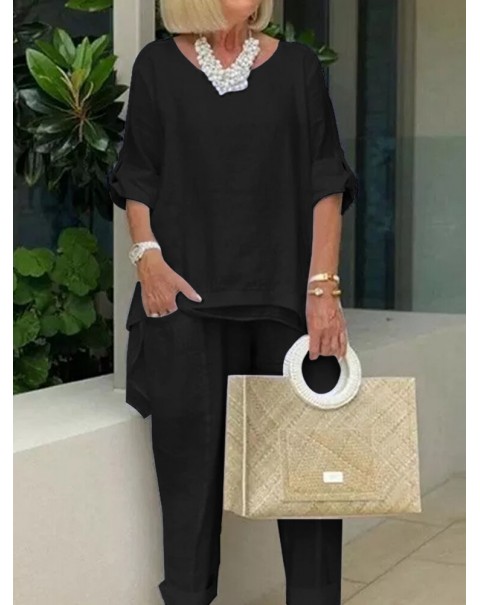 Women 100% Cotton Solid Color Ankle Length Side Pockets Two-Piece Sets - Black S
