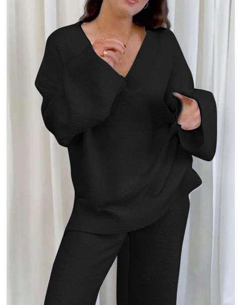Solid Loose Elastic Waist Long Sleeve Homewear Two Pieces Set - Black S