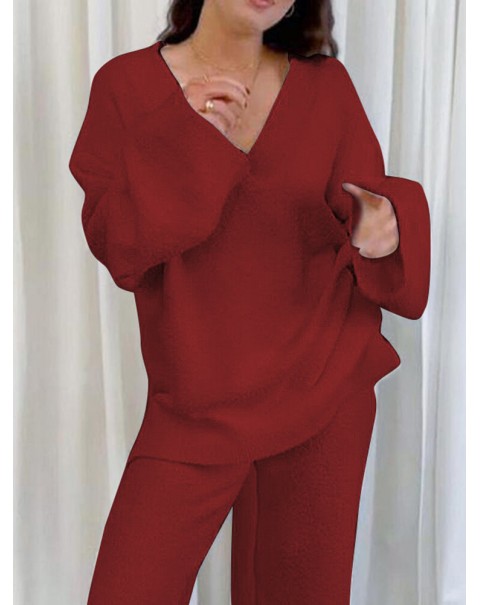 Solid Loose Elastic Waist Long Sleeve Homewear Two Pieces Set - Black S