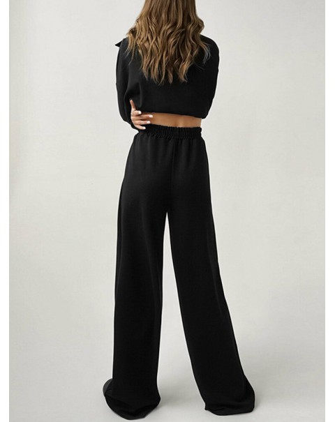 Solid Zip Elastic Waist Long Sleeve Wide Leg Two Pieces Set - Black 3XL