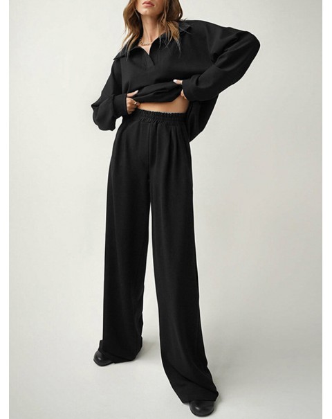 Solid Zip Elastic Waist Long Sleeve Wide Leg Two Pieces Set - Black 3XL