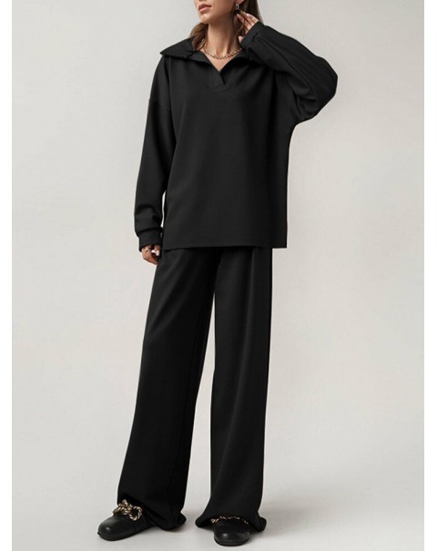 Solid Zip Elastic Waist Long Sleeve Wide Leg Two Pieces Set - Black 3XL