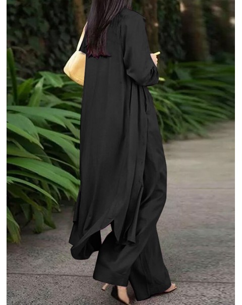 Solid Pocket Button Lapel Long Sleeve Two Pieces Set Women - Black S