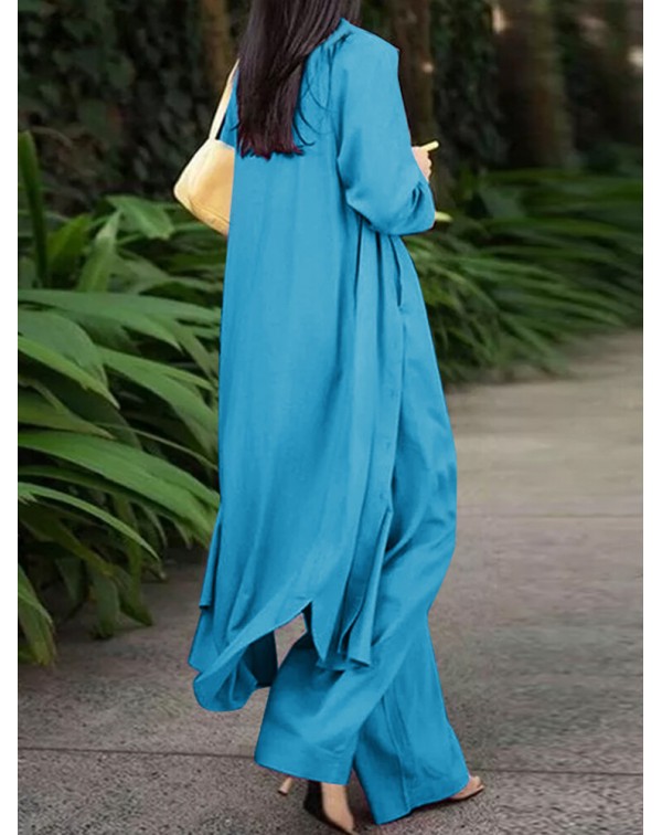 Solid Pocket Button Lapel Long Sleeve Two Pieces S...