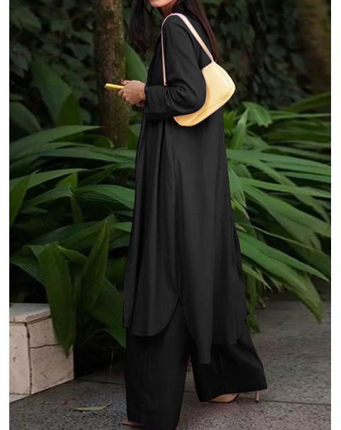 Solid Pocket Button Lapel Long Sleeve Two Pieces Set Women - Black S