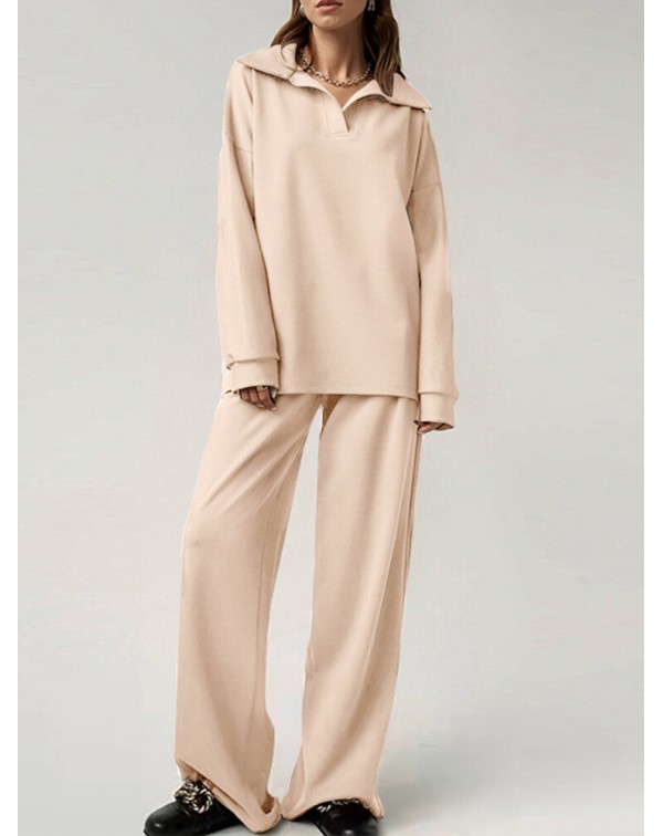 Solid Zip Elastic Waist Long Sleeve Wide Leg Two P...