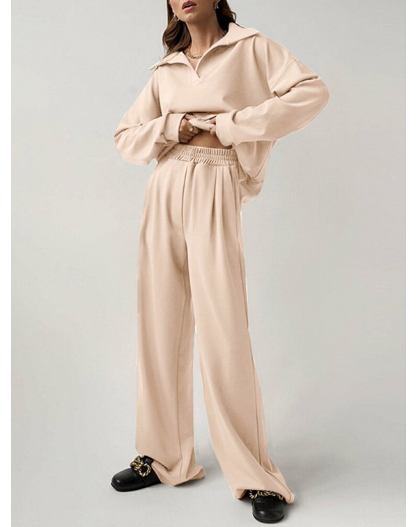 Solid Zip Elastic Waist Long Sleeve Wide Leg Two P...