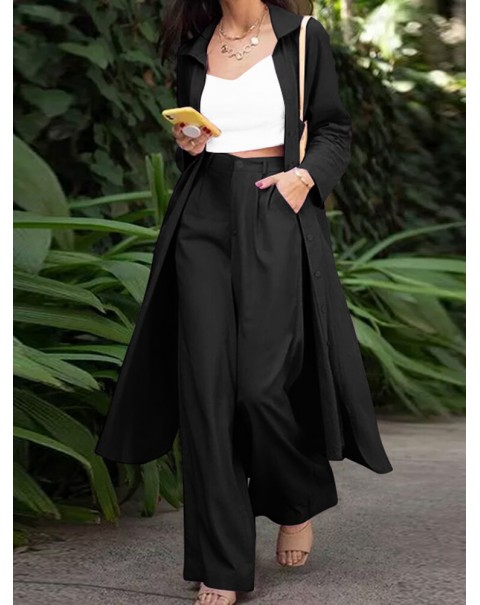 Solid Pocket Button Lapel Long Sleeve Two Pieces Set Women - Black S