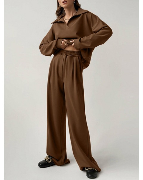 Solid Zip Elastic Waist Long Sleeve Wide Leg Two Pieces Set - Black 3XL