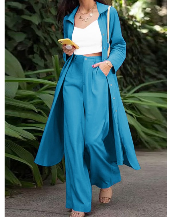 Solid Pocket Button Lapel Long Sleeve Two Pieces S...