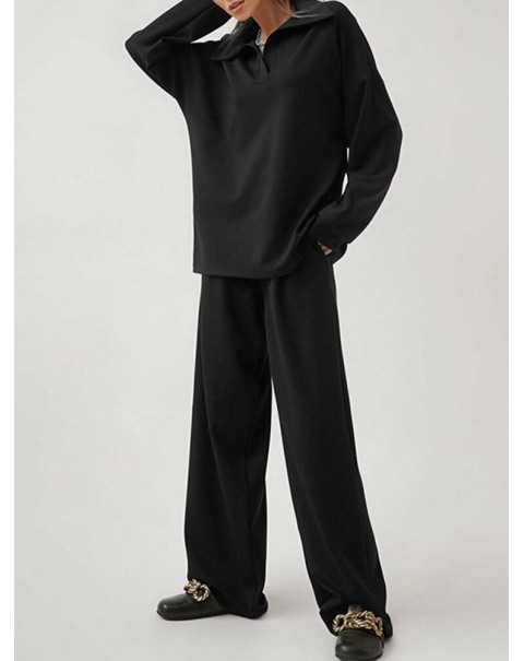 Solid Zip Elastic Waist Long Sleeve Wide Leg Two Pieces Set - Black 3XL