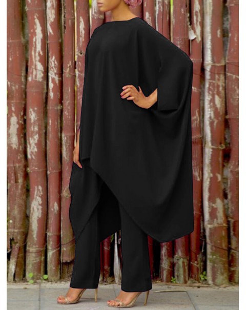 Solid Loose Irregular Elastic Waist Batting Sleeve Two Pieces Set - Black S