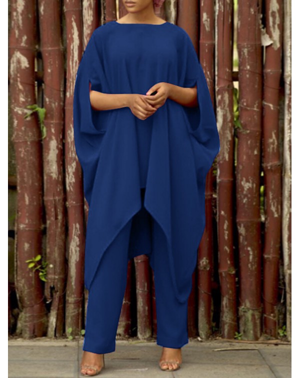 Solid Loose Irregular Elastic Waist Batting Sleeve...