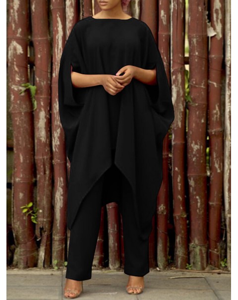 Solid Loose Irregular Elastic Waist Batting Sleeve Two Pieces Set - Black S
