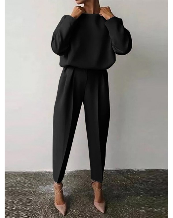 Solid Zip Hasp Long Sleeve Crew Neck Two Pieces Se...