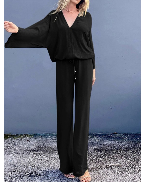 Women Pleats Casual Ankle Length Solid V-Neck Elas...