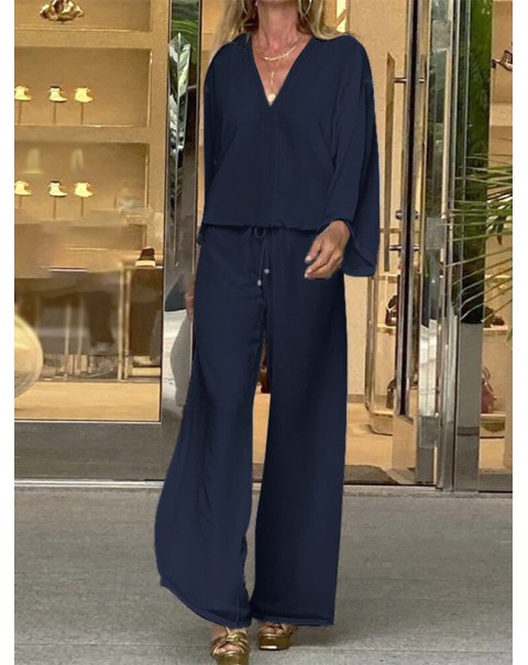 Women Pleats Casual Ankle Length Solid V-Neck Elastic Two-Piece Sets - Black 4XL
