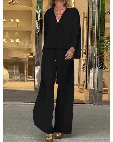 Women Pleats Casual Ankle Length Solid V-Neck Elastic Two-Piece Sets - Black 4XL