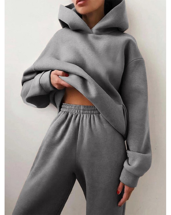 Women Elegant Solid Suits Warm Hooded Sweatshirt w...