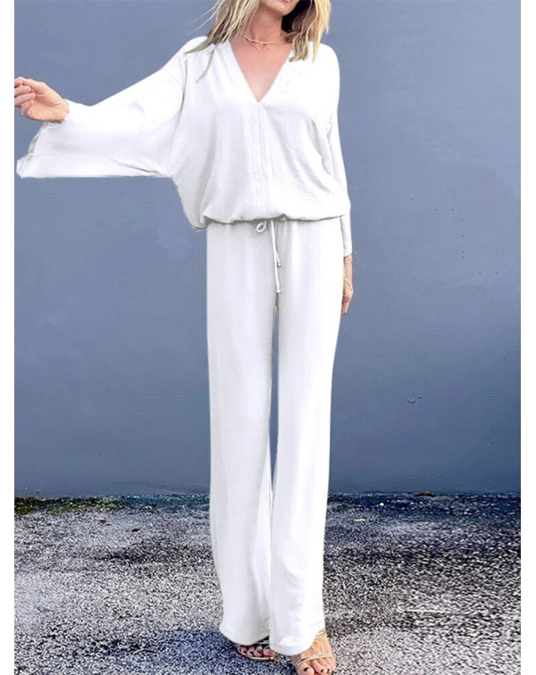 Women Pleats Casual Ankle Length Solid V-Neck Elas...