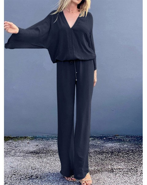 Women Pleats Casual Ankle Length Solid V-Neck Elastic Two-Piece Sets - Black 4XL
