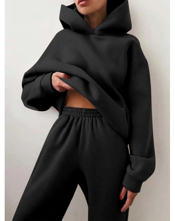 Women Elegant Solid Suits Warm Hooded Sweatshirt w...