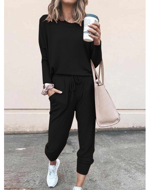 Women Side Pockets Solid Fitting Maxi Length Casual Two-Piece Sets - Apricot 3XL