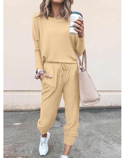 Women Side Pockets Solid Fitting Maxi Length Casual Two-Piece Sets - Apricot 3XL