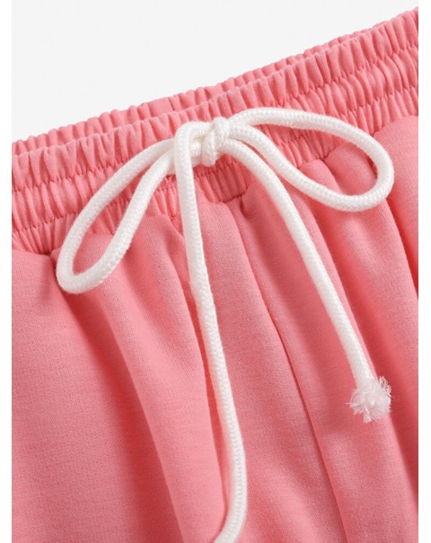 Women Side Pockets Solid Color Elastic Waist Casual Two-Piece Sets - Pink S