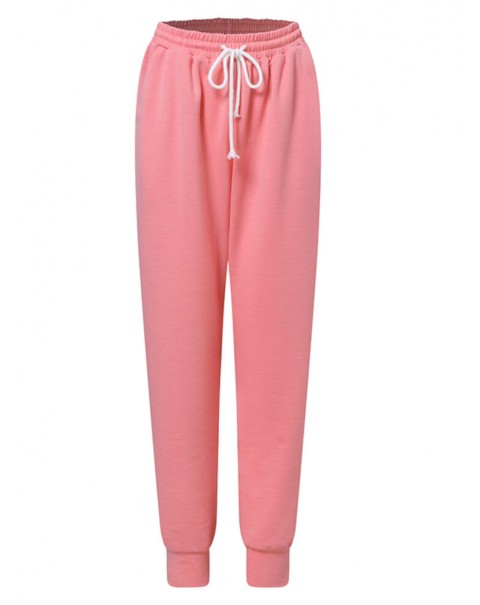 Women Side Pockets Solid Color Elastic Waist Casual Two-Piece Sets - Pink S
