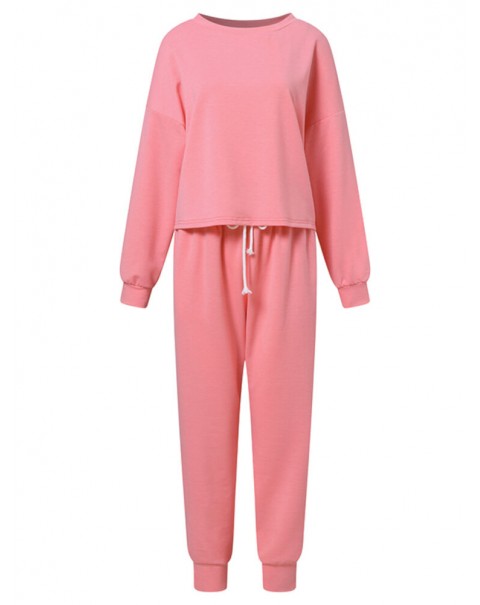 Women Side Pockets Solid Color Elastic Waist Casual Two-Piece Sets - Pink S