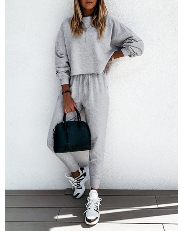 Women Side Pockets Solid Color Elastic Waist Casua...