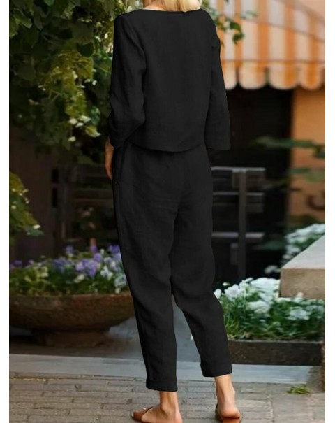 Solid Tie Front Elastic Waist Pocket Long Sleeve Two Pieces Set - Black S