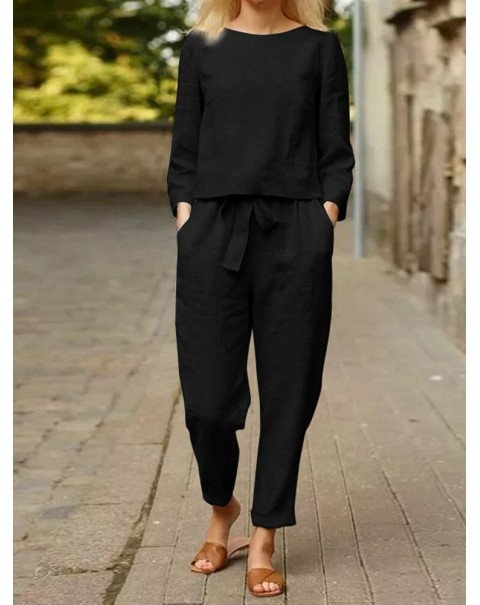 Solid Tie Front Elastic Waist Pocket Long Sleeve Two Pieces Set - Black S