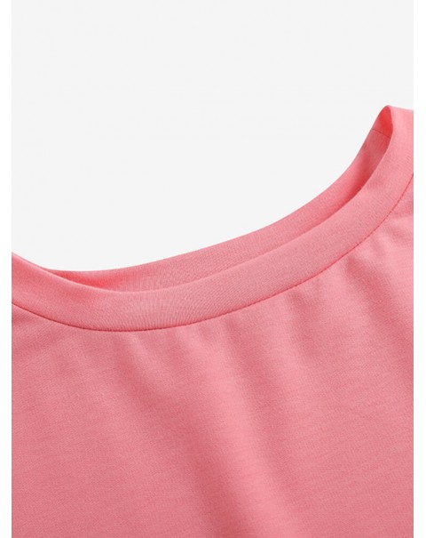Women Side Pockets Solid Color Elastic Waist Casual Two-Piece Sets - Pink S