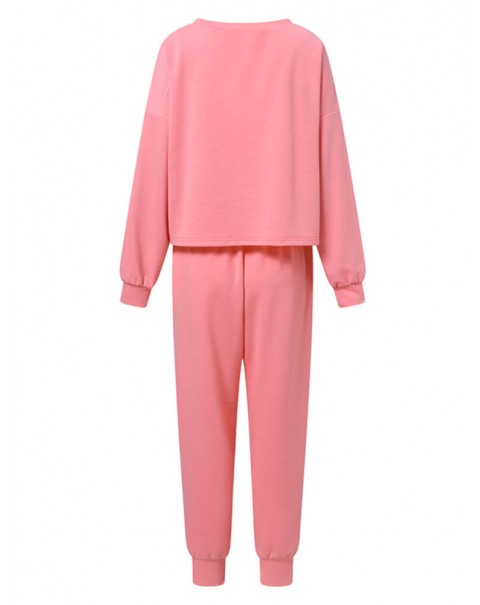 Women Side Pockets Solid Color Elastic Waist Casual Two-Piece Sets - Pink S