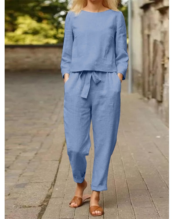 Solid Tie Front Elastic Waist Pocket Long Sleeve T...
