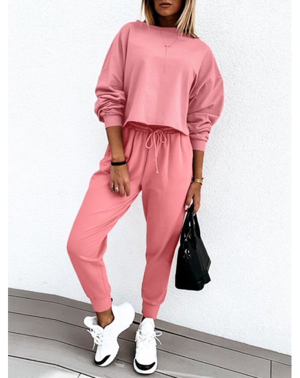 Women Side Pockets Solid Color Elastic Waist Casua...