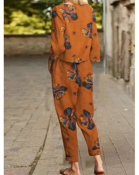 Flower Pocket Tie Elastic Waist Long Sleeve Two Pieces Set - Yellow 3XL