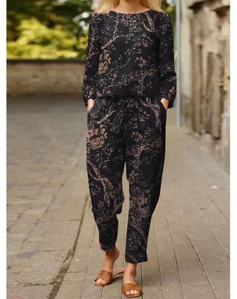 Plants Print Tie Pocket Long Sleeve Vintage Two Pieces Set - Navy M