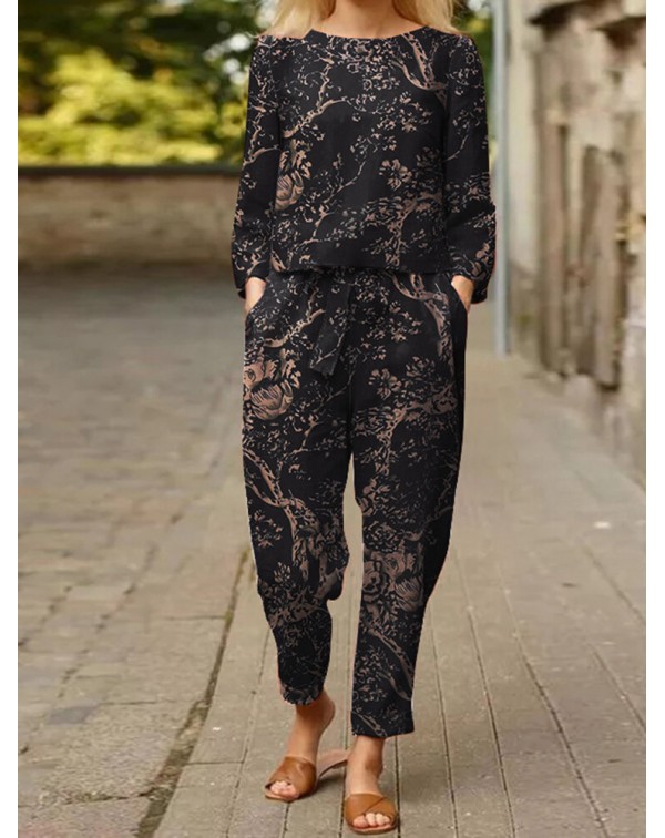 Plants Print Tie Pocket Long Sleeve Vintage Two Pi...