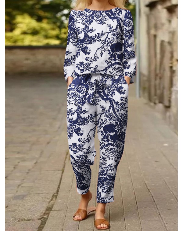 Plants Print Tie Pocket Long Sleeve Vintage Two Pi...
