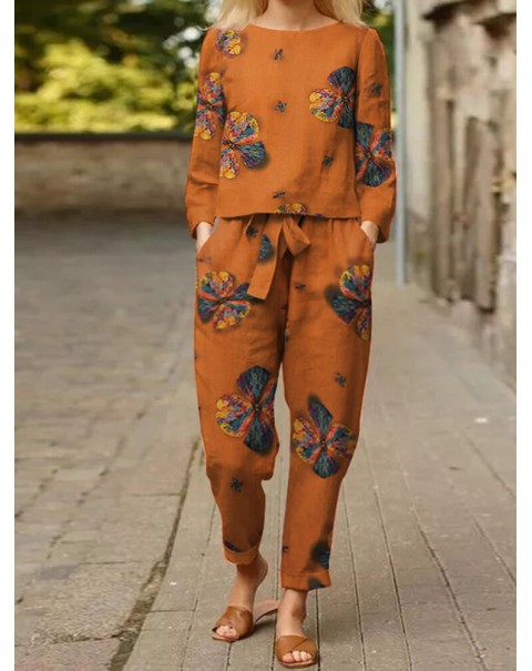 Flower Pocket Tie Elastic Waist Long Sleeve Two Pieces Set - Yellow 3XL