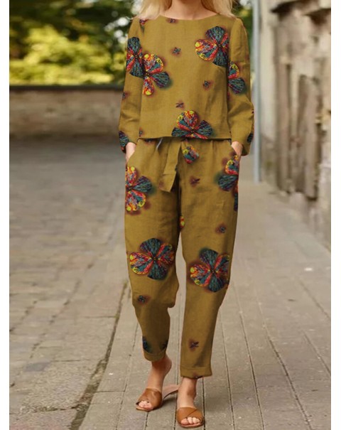 Flower Pocket Tie Elastic Waist Long Sleeve Two Pieces Set - Yellow 3XL