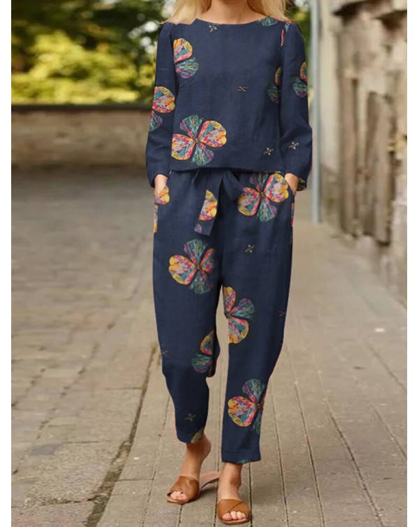 Flower Pocket Tie Elastic Waist Long Sleeve Two Pi...