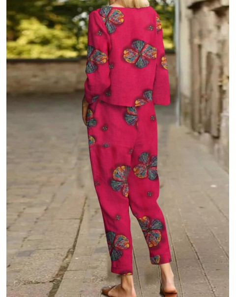 Flower Pocket Tie Elastic Waist Long Sleeve Two Pieces Set - Yellow 3XL