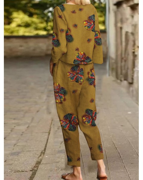 Flower Pocket Tie Elastic Waist Long Sleeve Two Pieces Set - Yellow 3XL