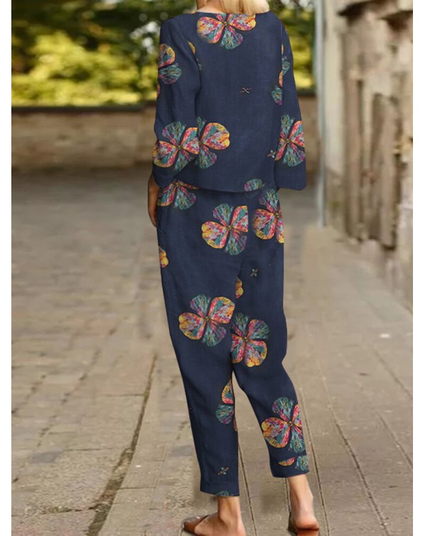 Flower Pocket Tie Elastic Waist Long Sleeve Two Pi...
