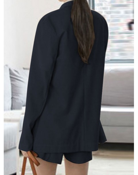 Solid Long Sleeve Button Front Pocket Two Pieces Suit - Navy S