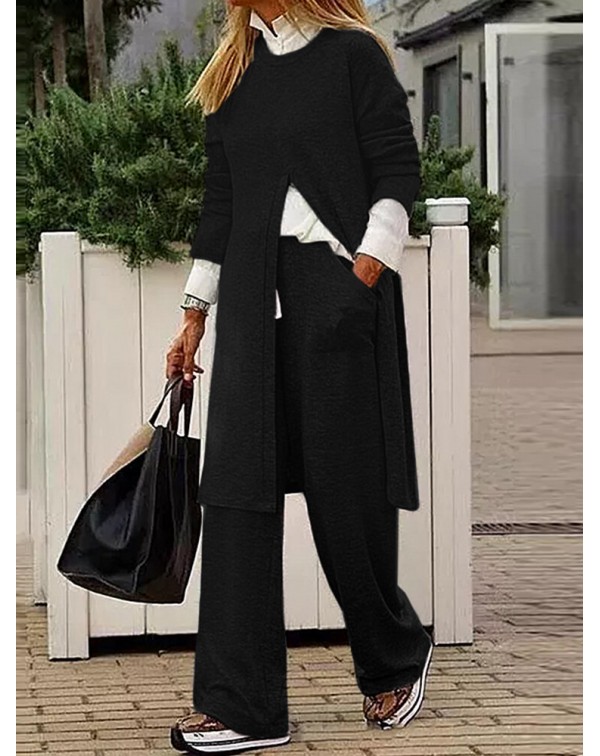 Women Side Pockets Side Fork O-Neck Solid Ankle Le...